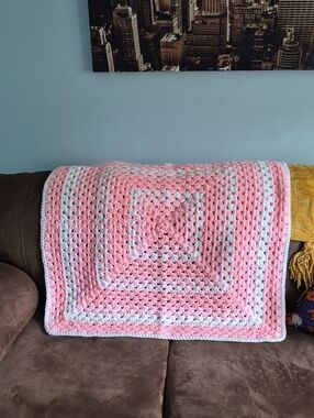Handmade Pink and White Crochet Blanket